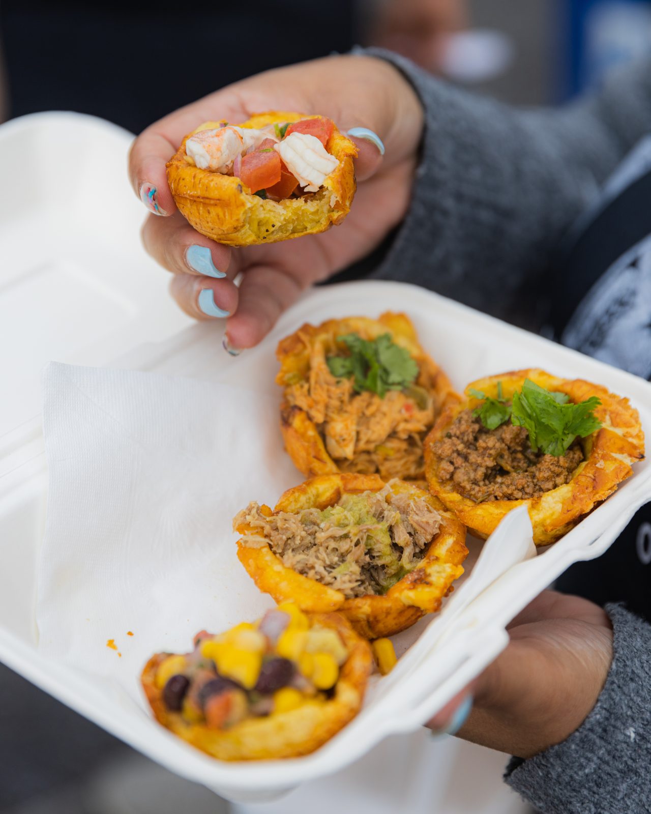 Plantain cups filled with meats and salsa