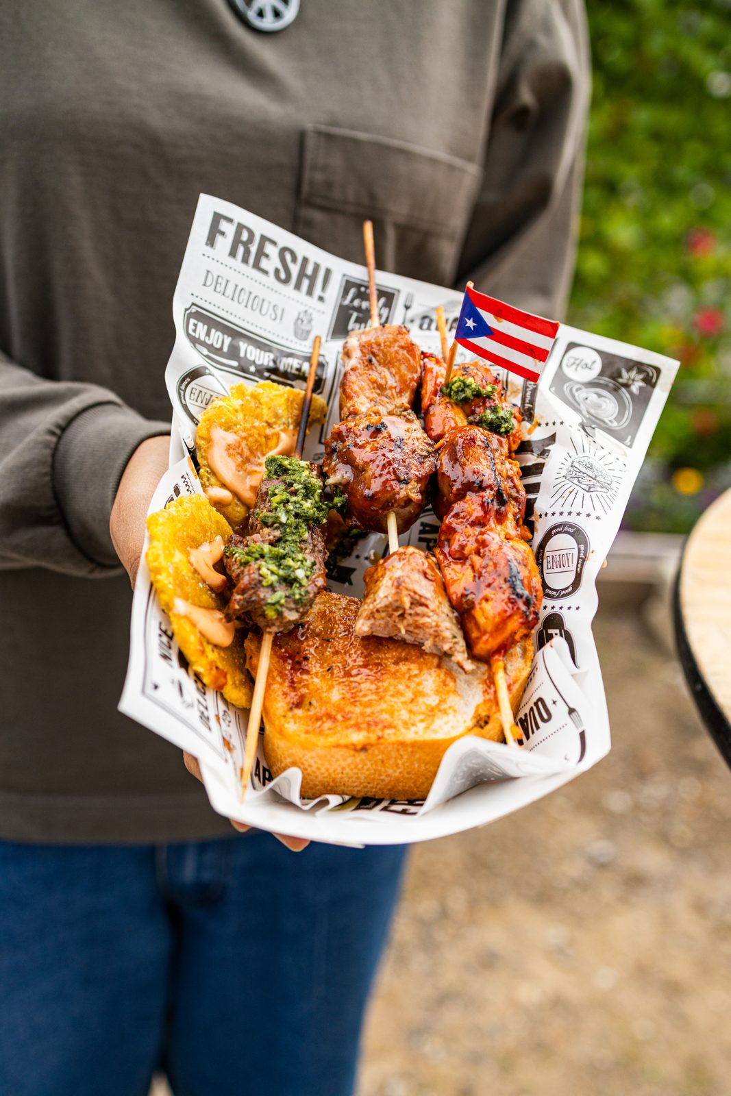 Latin skewers platter with tostones